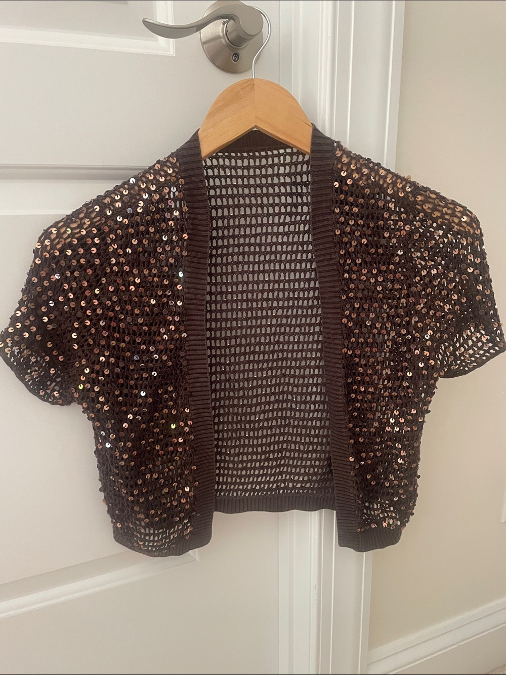 Brown Sequin Cropped Open Front Shrug